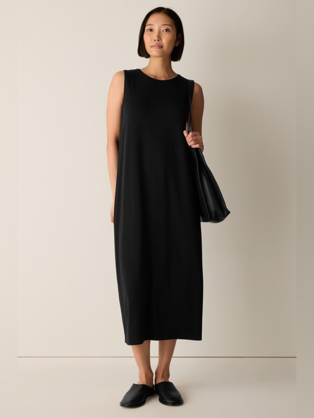 Eileen Fisher Black Sleeveless Midi Dress Knit Organic Linen 100% GUC size small